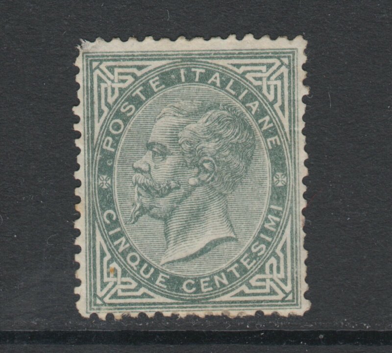 Italy Sc 26 MLH. 1863 5c slate green King, pulled TL perf causing small thin