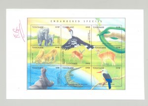 Togo #1726 Endangered Species 1v M/S of 9 Imperf Chromalin Proof Unissued Colors