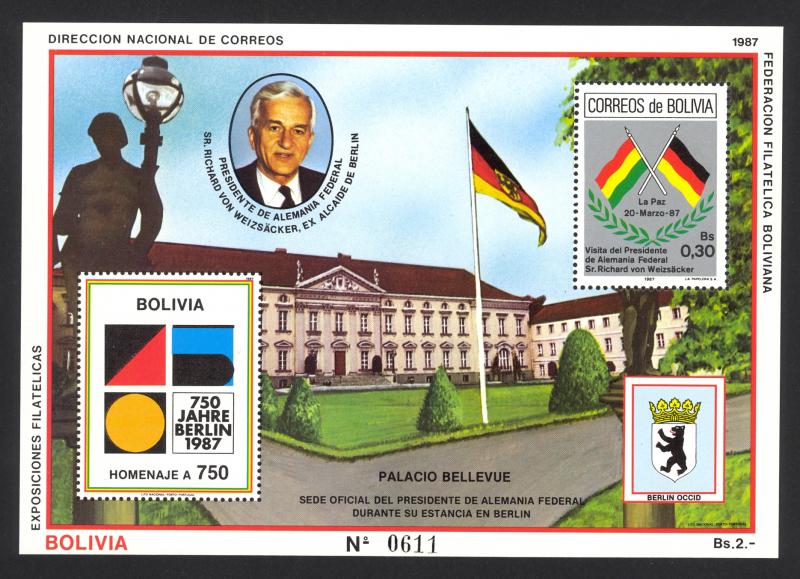 Bolivia Sc# 739 MNH Souvenir Sheet 1987 30c Crossed Flags