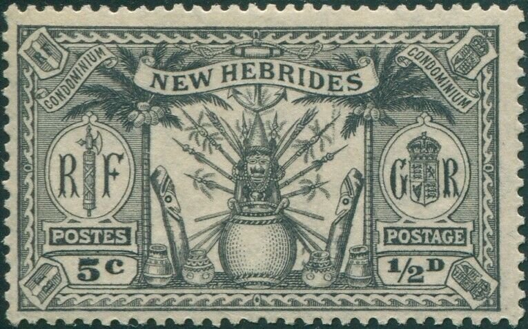 New Hebrides 1925 SG43 ½d 5c black Weapons Idols MLH