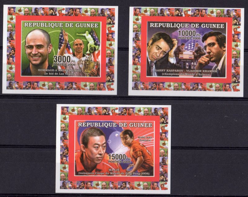 Guinea 2006 TENNIS(Agassi)/CHESS(Kasparov)TABLE TENNIS(Ma Lin) 3 S/S MNH