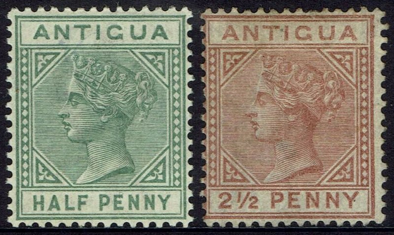 ANTIGUA 1882 QV 1/2D AND 21/2D WMK CROWN CA 