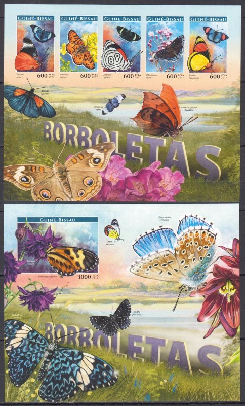 Dz0484 ! Imperf 2017 Guinea-Bissau Butterflies Flowers Fauna #9158-2+Bl1582 Mnh