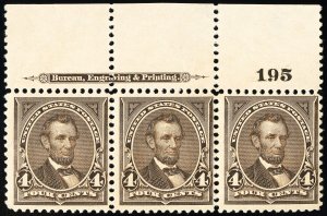 US Stamps # 269 MNH F-VF Wide Top Strip Of 3 w/ Imprint Plate # Scott Value $450