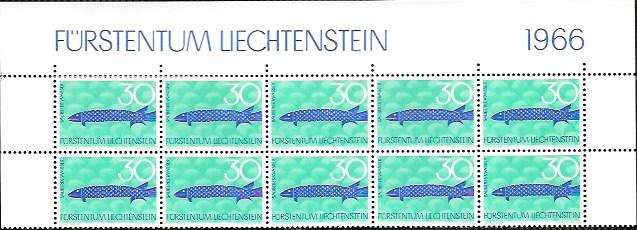 Liechtenstein MNH Block of 10 issued 1966 # 408  Fish