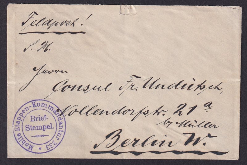 GERMANY, Fieldpost cover to Berlin, Mobile etappen-kommandantur 233, WWI