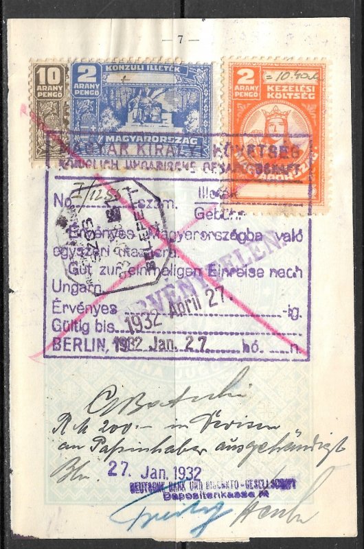 HUNGARY 1932 CONSUL FEES AND VISA REVENUES on PASSPORT PAGE 5 stamps