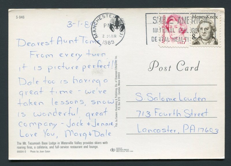 1989 Ski Lodge Postcard - Manchester, New Hampshire to Lancaster, Pennsylvania