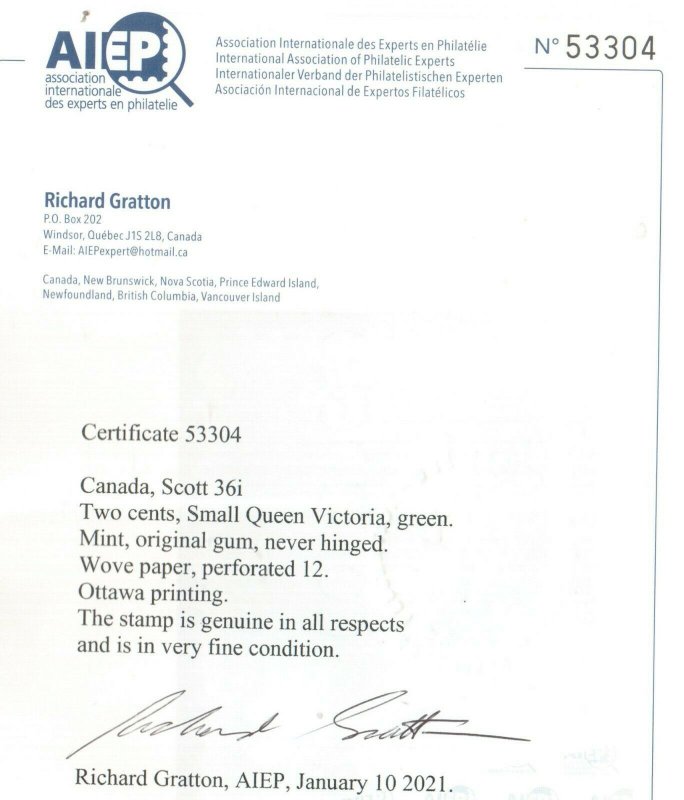 Canada #36i Very Fine Never Hinged **With Certificate**