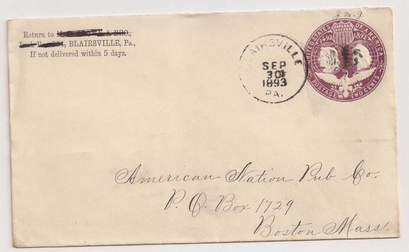 2c Columbian Entire #U349 Blairsville PA 1893 pmk