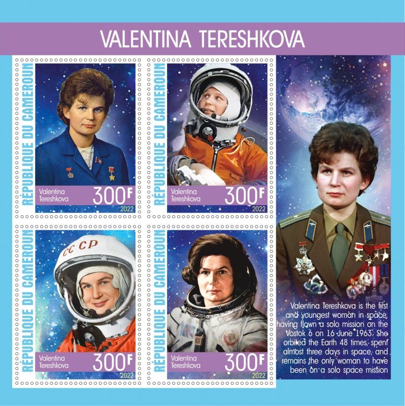Stamps. Space,Astronauts  Tereshkova Cameroun 2022 year 1+1 sheets