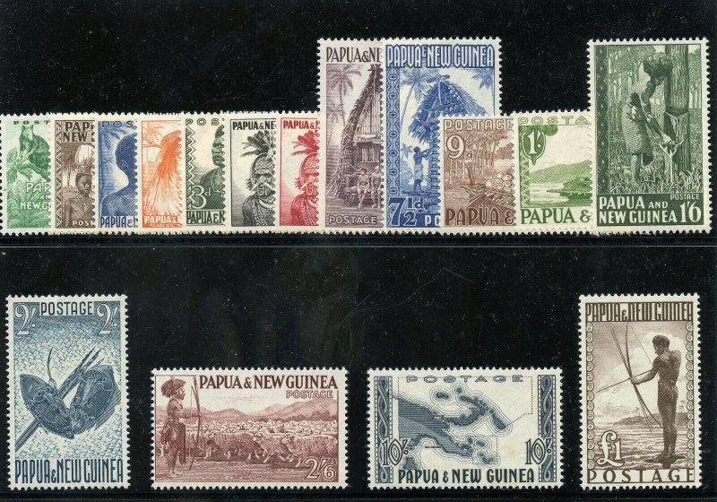 Papua New Guinea 1952 QEII Definitive set complete MLH. SG 1-15. Sc 122-136. 