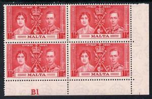 Malta 1937 KG6 Coronation 1.5d corner plate block of 4 (p...