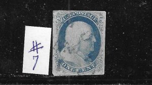 US #7 1851-57 FRANKLIN 1 CENT (BLUE) - IMPERFORATE- USED