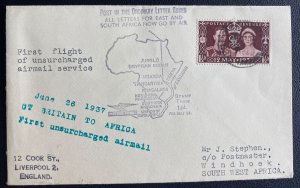 1937 England First Ordinary Airmail Cover FFC To Windhoek South West Africa