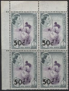 Swaziland 77 (mnh block of 4) 50c on 5sh warrior, blue gray & vio (1961)