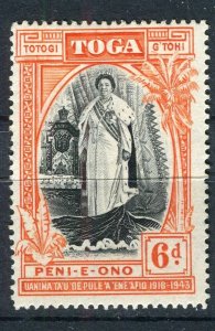 TONGA; 1944 early Queen Salote issue Mint hinged 6d. value