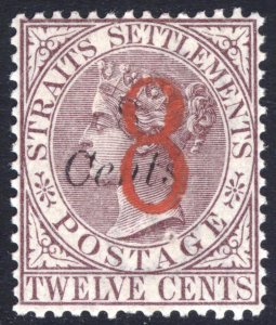 Malaya Straits Settlements 1884 8 on 8c on 12c Brn Scott 65 SG 80 MLH Cat $475