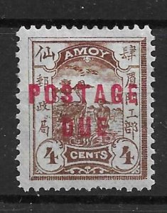 1895 CHINA AMOY LOCAL POST POSTAGE DUE 4c- RED OPT- OG MINT H CHAN LAD4-$29