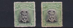 RHODESIA  1913 - 19  S G 226 + 227  2 X 5D VALUES  MH CAT £54