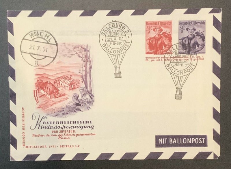 Austria 1951 Balloon Flight Cover, Cacheted, VF