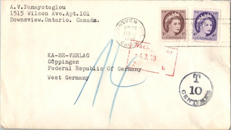 Canada 1c and 4c QEII Wilding 1959 Downsview, Ont. Canada to Goppingen, Germa...