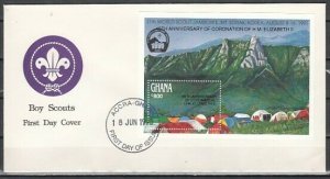 Ghana, Scott cat. 1572. Scout Jamboree s/sheet o/p for Queen. First day cover. ^