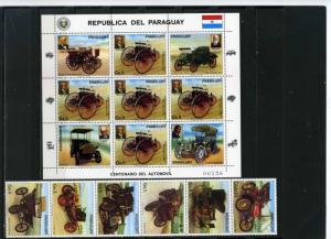 PARAGUAY 1986 Sc#2168-2169 OLD CARS SET OF 6 STAMPS & SHEET MNH 