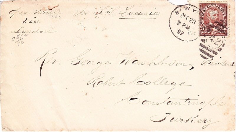 US 255 on Cover from New York to Constantinople Turkey OPEN MAIL S.S. Lucania