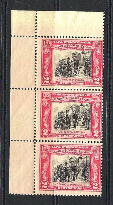 JASTAMPS: US 1929 #651 - 2c George Rogers Clark Strip of 3 OG MNH XF