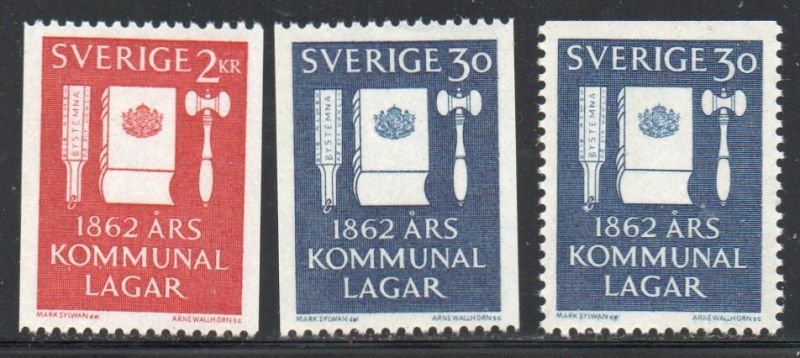 Sweden Sc 610-612 1962 100th Municipal Reform Laws stamp set mint NH