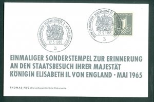 Germany Berlin. 1965. Card Spc. Cancel: Hannover. Queen Elizabeth Visit. Sc# 737