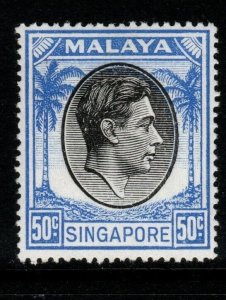 SINGAPORE SG27 1950 50c BLACK & BLUE p17½x18 MTD MINT