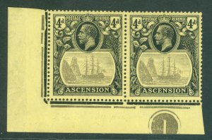 SG 15c Ascension 1924-33. 4d marginal pair, left stamp having 'cleft rock'...