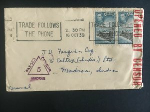 1939 Ceylon Censored Cover to Madras India