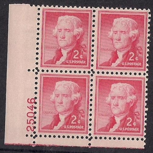 1033 wet 2 cent 1954 Thomas Jefferson pl# Stamp Mint OG NH F-VF / HipStamp