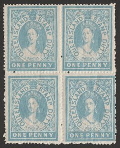 QUEENSLAND 1866 QV Large Chalon Stamp Duty 1d Postal Fiscal block, wmk crown Q.