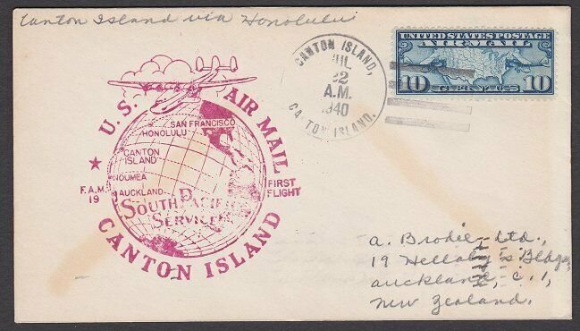 GILBERT & ELLICE IS US PO 1940 first flight cover Canton Is to Honolulu.....Q514