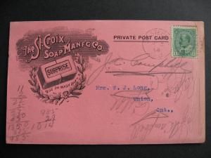 Canada 1908 St Croix Soap Co New Brunswick,illustrated, worn postcard see pics