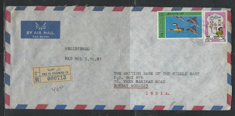 UNITED ARAB EMIRATES COVER (P0103B) 1981 PLANE 50F+TRAFFIC 5DH REG RAK TO INDIA 