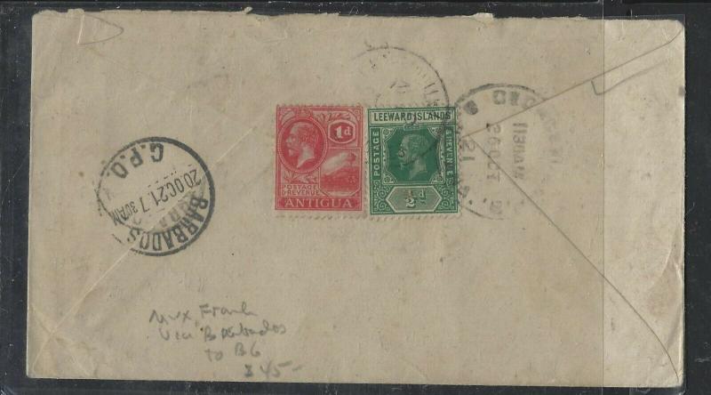 LEEWARD ISLANDS  (P1104B) 1921 KGV 1/2D+ANTIGUA 1D MIX FRANK VIA BARBADOS TO BG