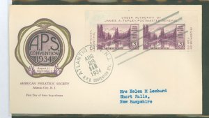 US 750a 1934 3c Mt Rainier (Farley imperf from mini sheet of six) on an addressed (typed) FDC with an Atlantic City/APS cancel &