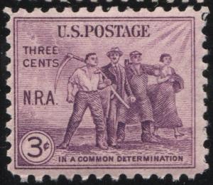SC#732 3¢ National Recovery Act Single (1933) MNH