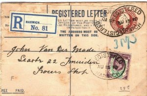 GB KEVII Cover Essex Harwich Registered SUPER DLR CHALKY 1½d  Scarce 1910 3.8