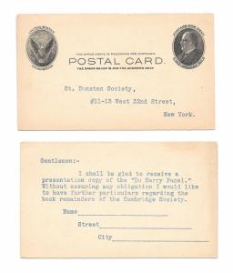 UX18 McKinley 1c Postal Stationery Card St Dunstan Cambridge Society New York