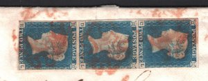 GB 1840 2d PALE BLUE STRIP (CL-EL) Cover PLYMOUTH MX Devon SG.6 Cat £4,950- 110h 