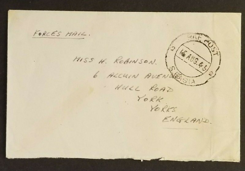 1946 Bombay India to York England RAF POST 2 Royal Air Forces Cover