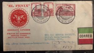 1930 Saltillo Mexico cover To Ravenna OH USA Post Office Label Fenix Coffee