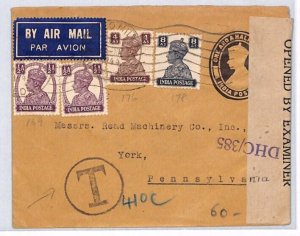 INDIA WW2 Air Mail Cover *TAXE 410c*!! Uprated Stationery CENSOR 1944 USA PJ300