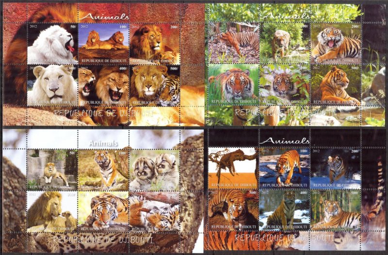 Djibouti 2011 2012 Lions Tigers Leopards 4 sh. MNH Cinderella {s022}